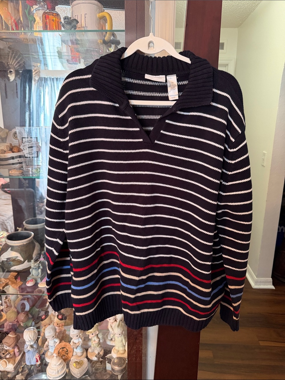 Liz Claiborne Navy and White Striped V-Neck Sweater with Multicolor Hem